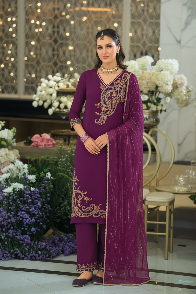 Plum Wine Embroidered Straight Kurta Set with Dupatta