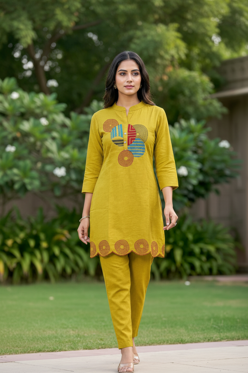 Mustard Yellow Cotton Embroidered Kurta Set