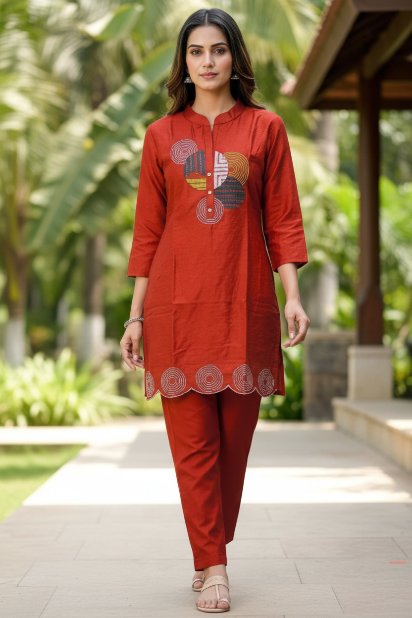 Rust Orange Cotton Embroidered Kurta Set