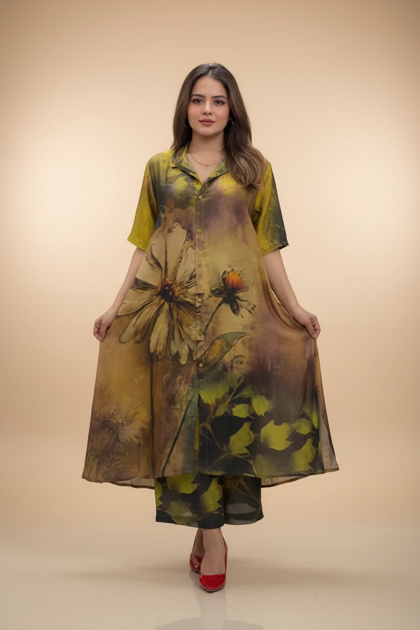 Earthy Floral Abstract Indo-Western Shirt Kurta Set