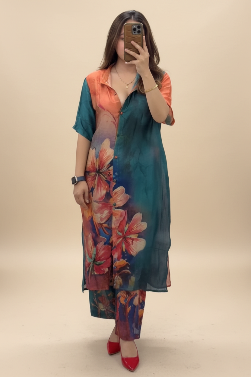 Blue Floral Printed Indo-Western Shirt Kurta Set