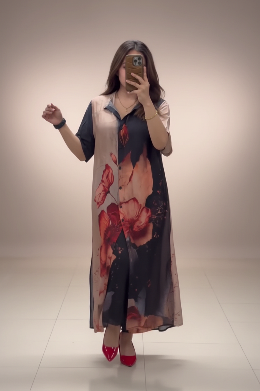 Abstract Floral Printed Indo-Western Shirt Dress