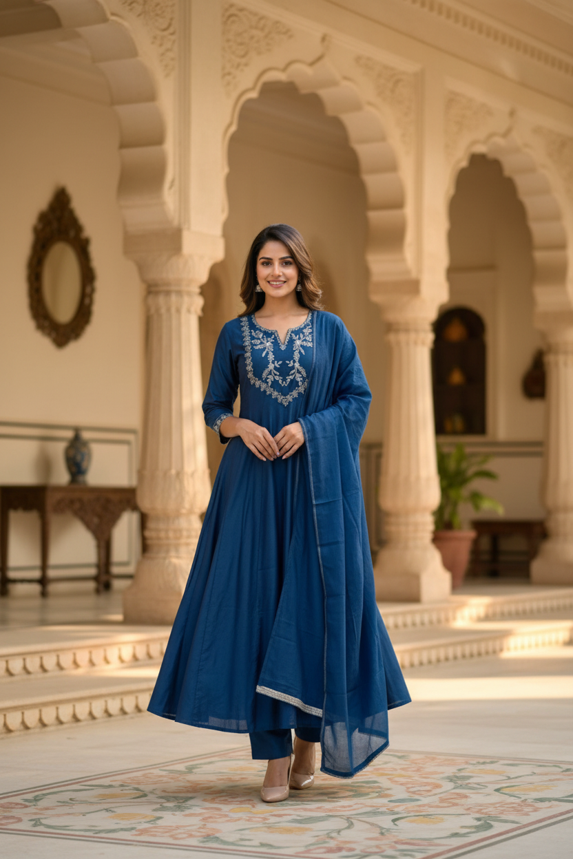 Navy Blue Embroidered Anarkali Suit Set
