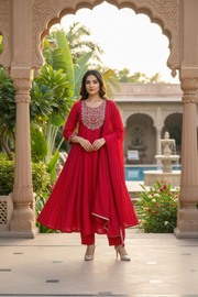 Crimson Red Embroidered Anarkali Suit Set
