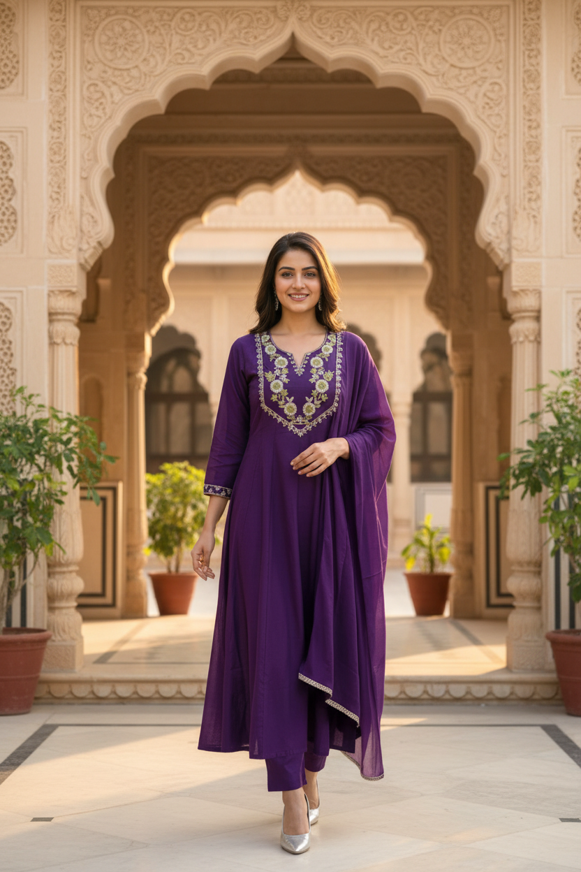 Royal Purple Embroidered Anarkali Suit Set