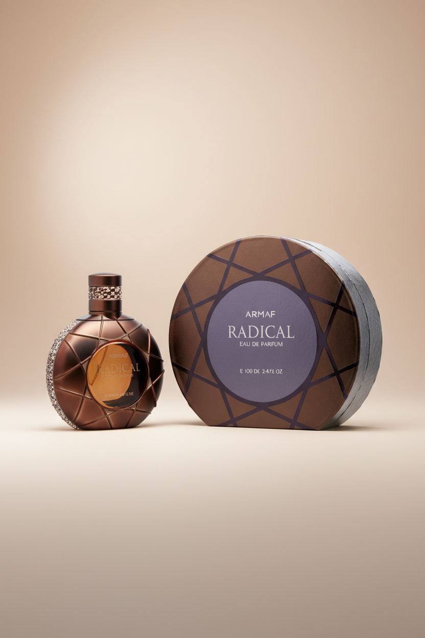 Perfume bottle and packaging with 'RADICAL' branding on a white background