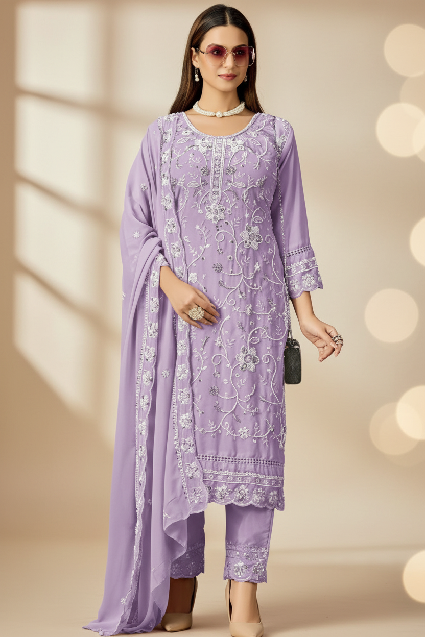 Lavender Embroidered Elegant Salwar Suit Set