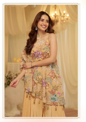 Peach Floral Cape Sharara Set