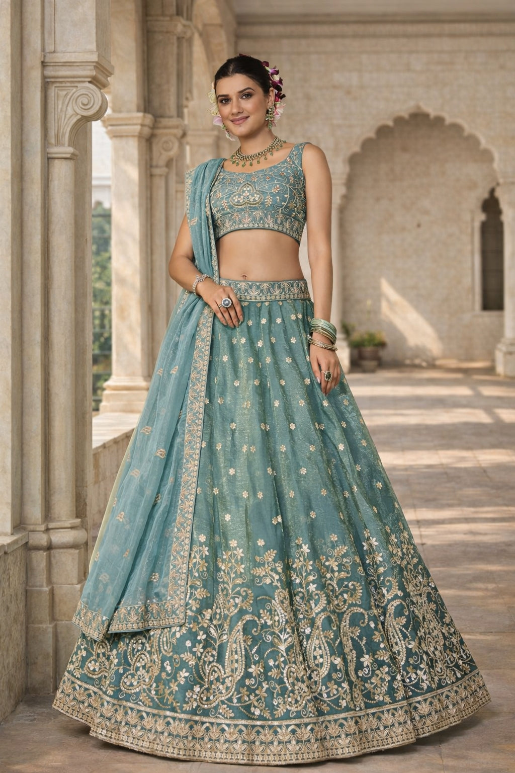 Sea Green Tisuue Sequin Work Wedding Wear Lehenga Choli