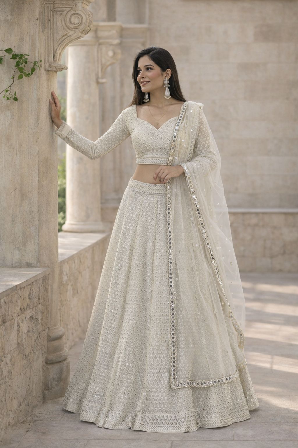 Soft Ivory Mirror Work Elegant Lehenga Set