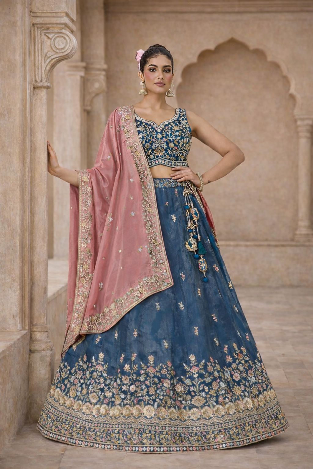Teal Blue Embroidered Lehenga Set with Baby Pink Dupatta