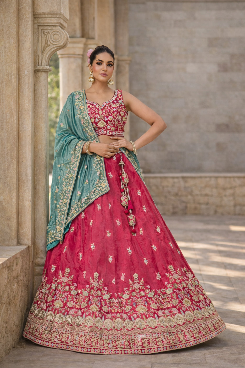 Teal Blue & Rani Pink Embroidered Silk Lehenga Set