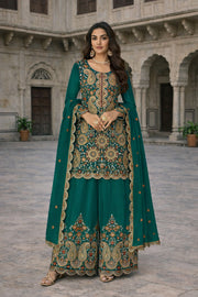 Teal Heavy Embroidered Kurta Palazzo Set with Dupatta