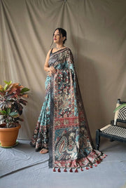 Teal & Maroon Kalamkari Printed Saree with Artistic Border
