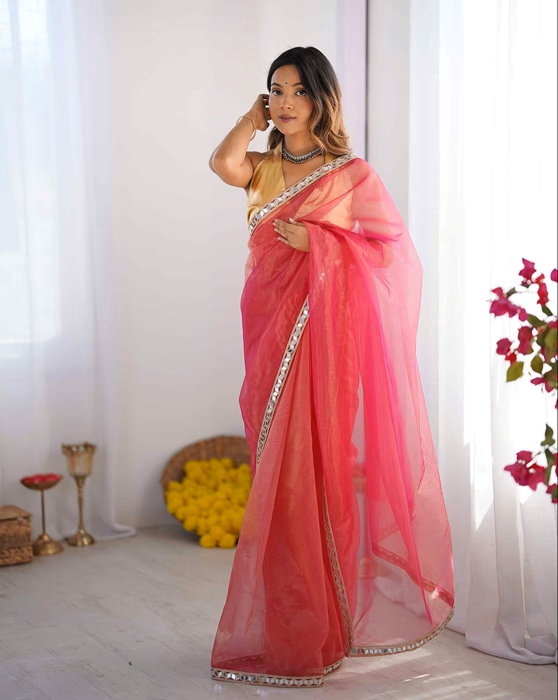 Vibrant Pink Mirrorwork Organza Net Saree