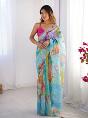 Vibrant Watercolor Organza Printed Party Wear Stylish Saree