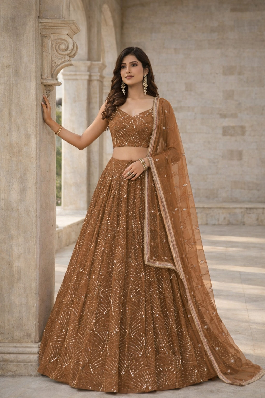 Warm Bronze Sequin Embroidered Party Wear Lehenga Set