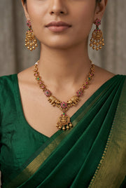 Matte Gold Finish Elephant Design Temple Necklace Set with Matching Earrings – Imitation Jewelry