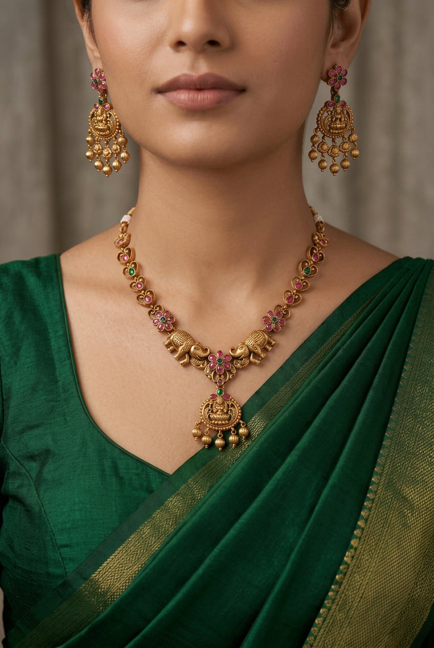 Matte Gold Finish Elephant Design Temple Necklace Set with Matching Earrings – Imitation Jewelry