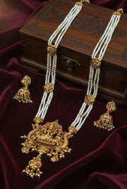 Matte Gold Lakshmi Long Pearl Beaded Haram Necklace Set with Jhumka Earrings