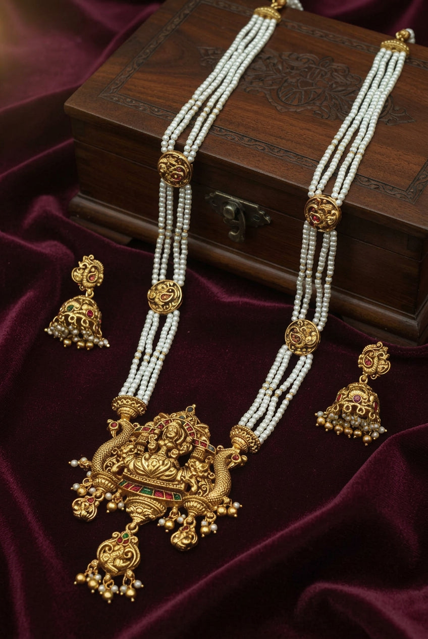Matte Gold Lakshmi Long Pearl Beaded Haram Necklace Set with Jhumka Earrings