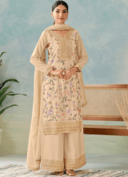 Beige Floral Embroidered Suit Set with Palazzo & Dupatta