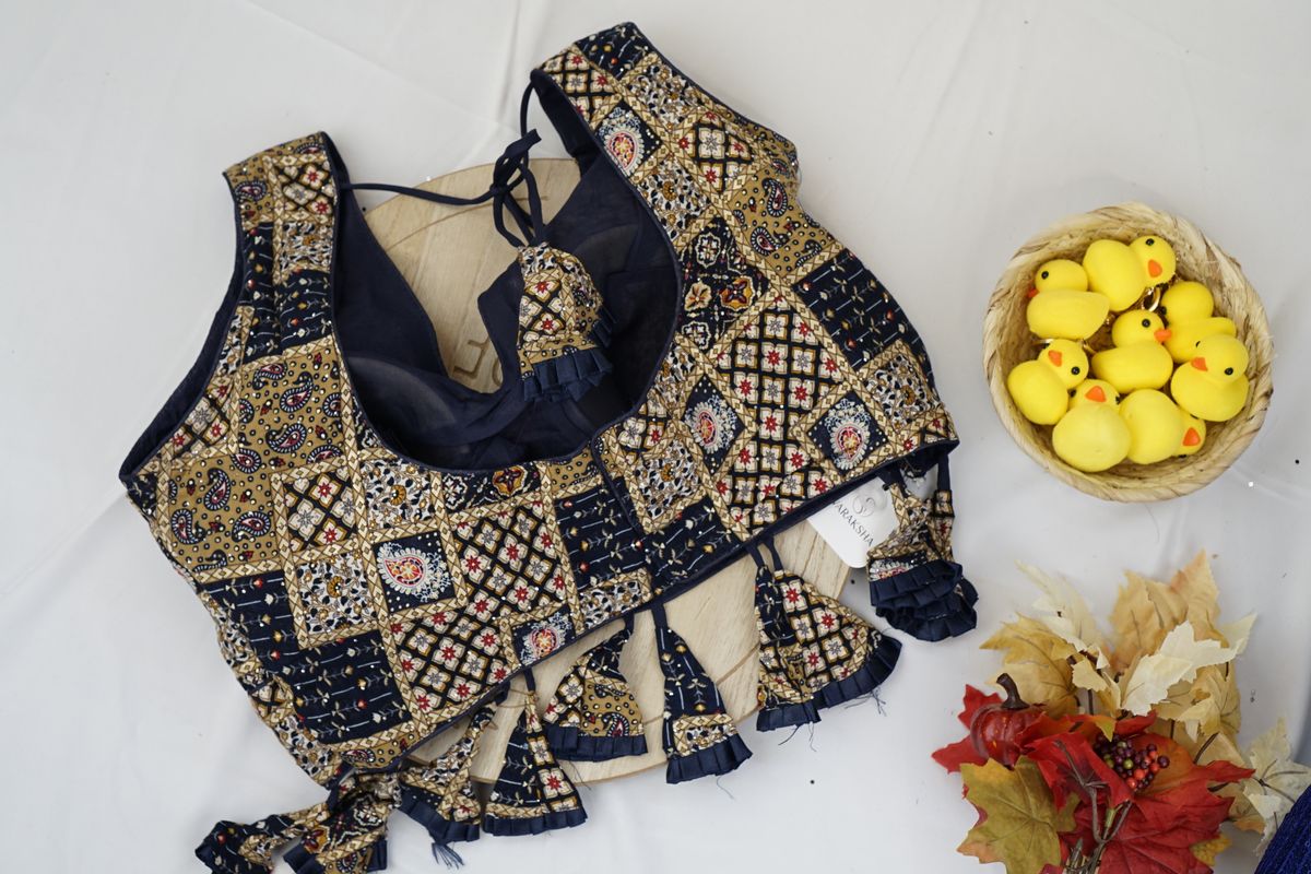 Multicolor Ajrakh Printed Cotton Garba Blouse with Tassels