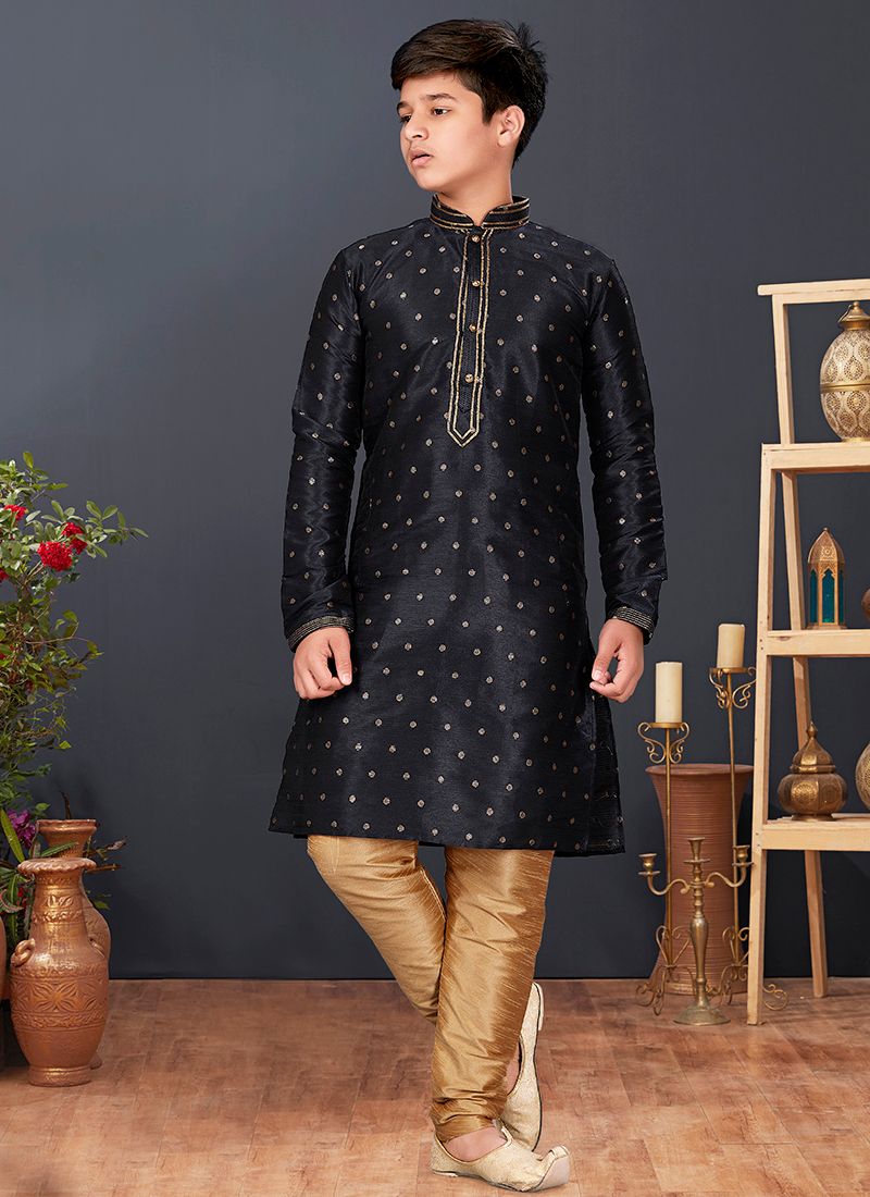 Black Mulberry Butti Weaving Readymade Kurta Pajama