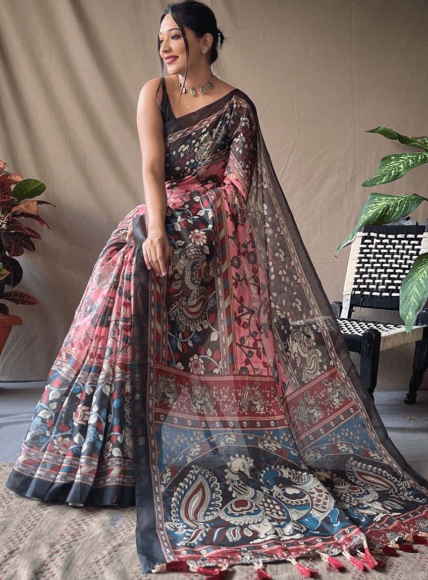 Elegant Pink & Maroon Kalamkari Printed Sareewith Artistic Border