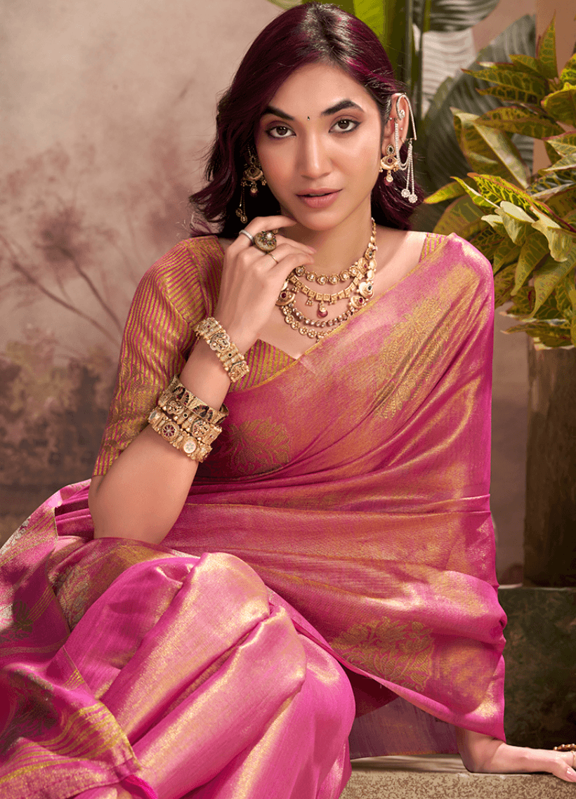 Pink Tissue Silk Weaving Work Saree
