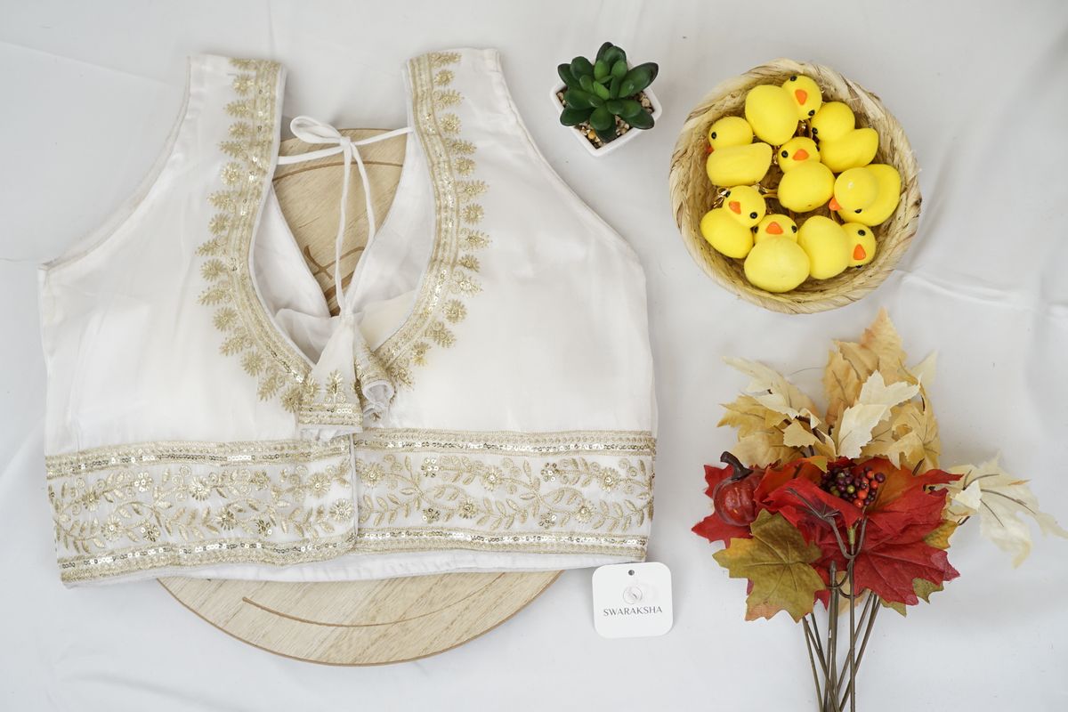 Ivory White Zari Embroidered Silk Blouse