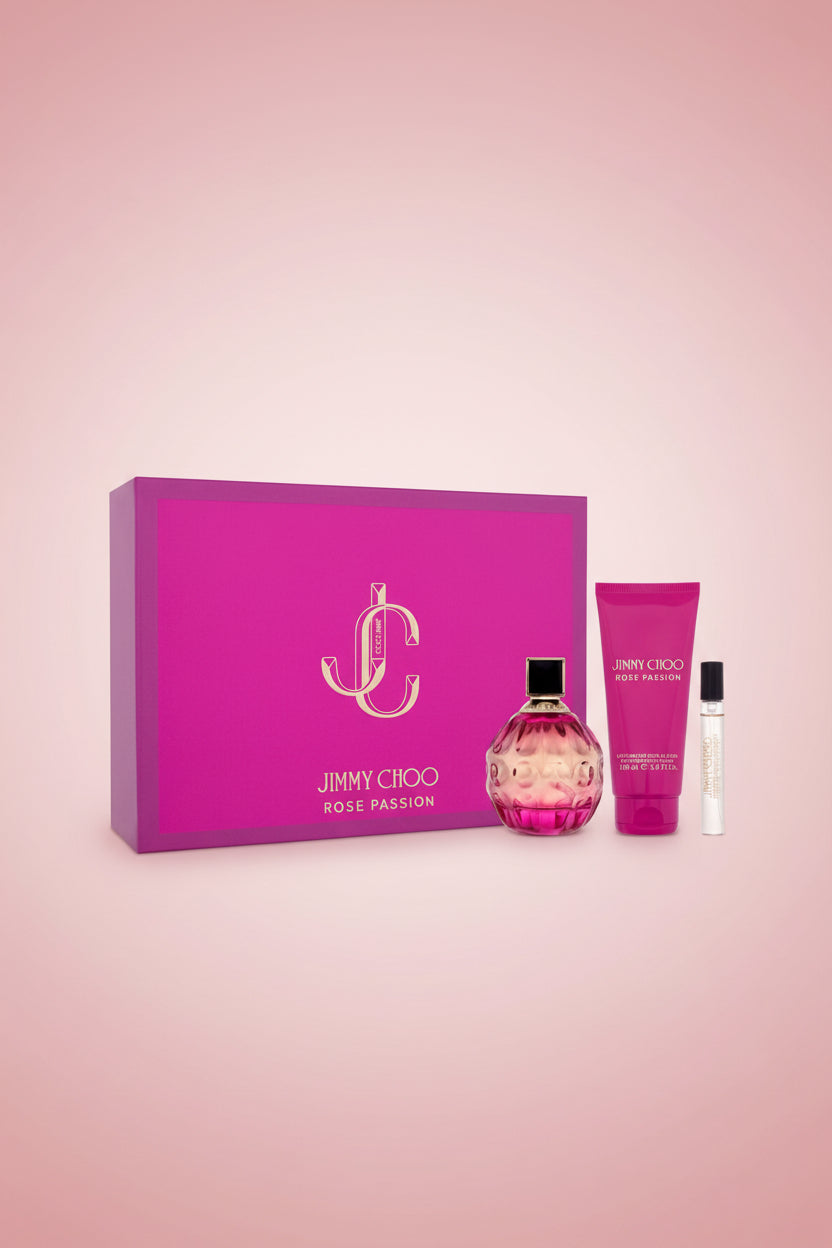 Jimmy Choo Rose Passion perfume set with pink packaging on a white background