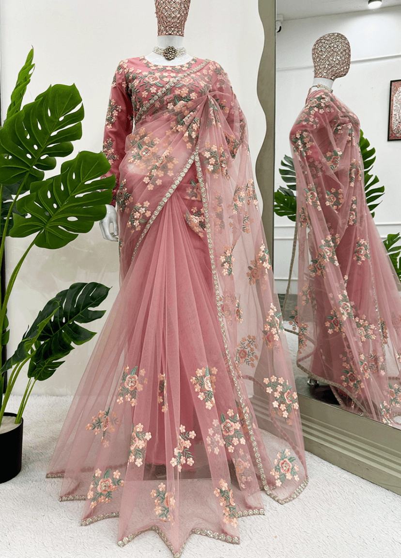 Baby Pink Soft Net Thread Work Saree