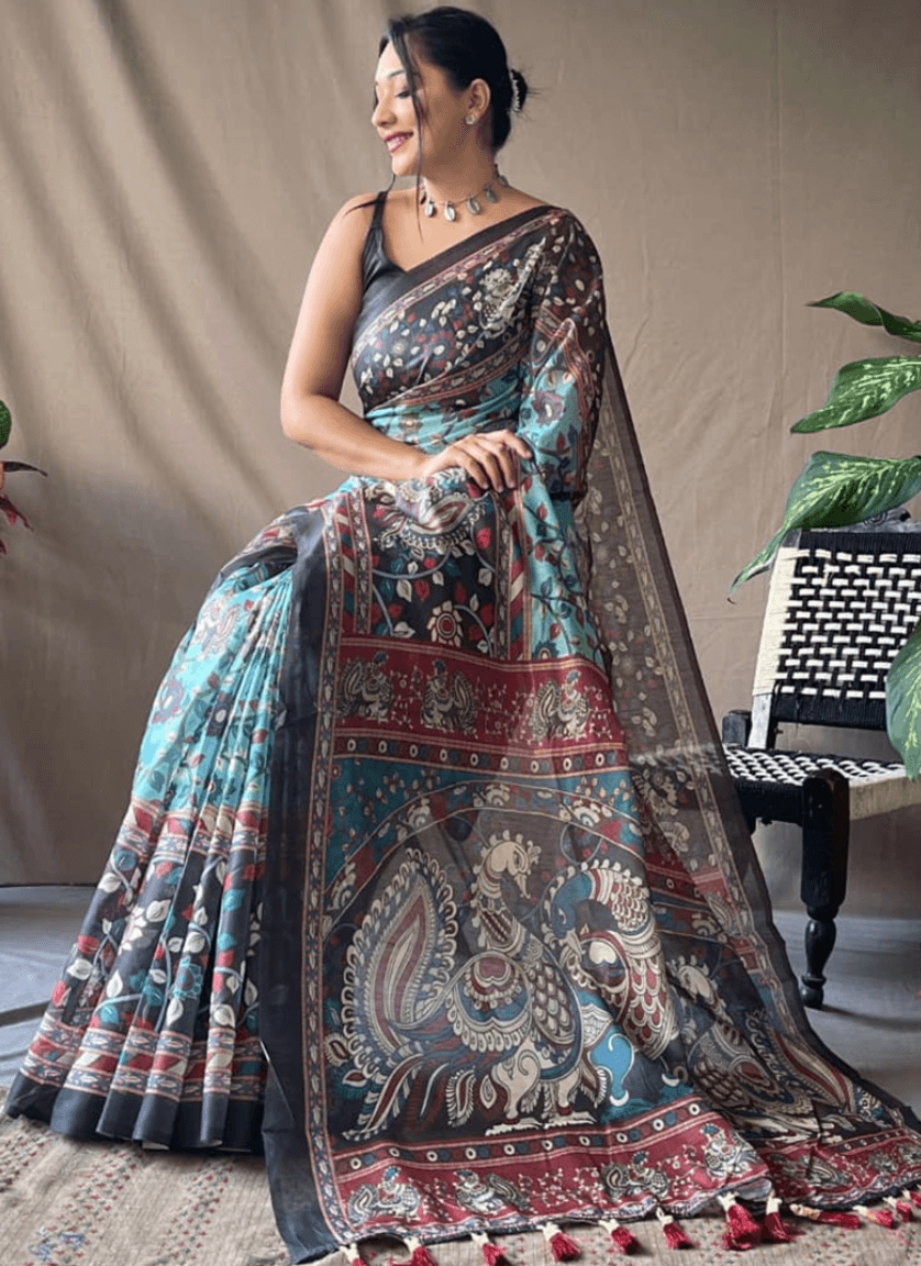 Teal & Maroon Kalamkari Printed Saree with Artistic Border