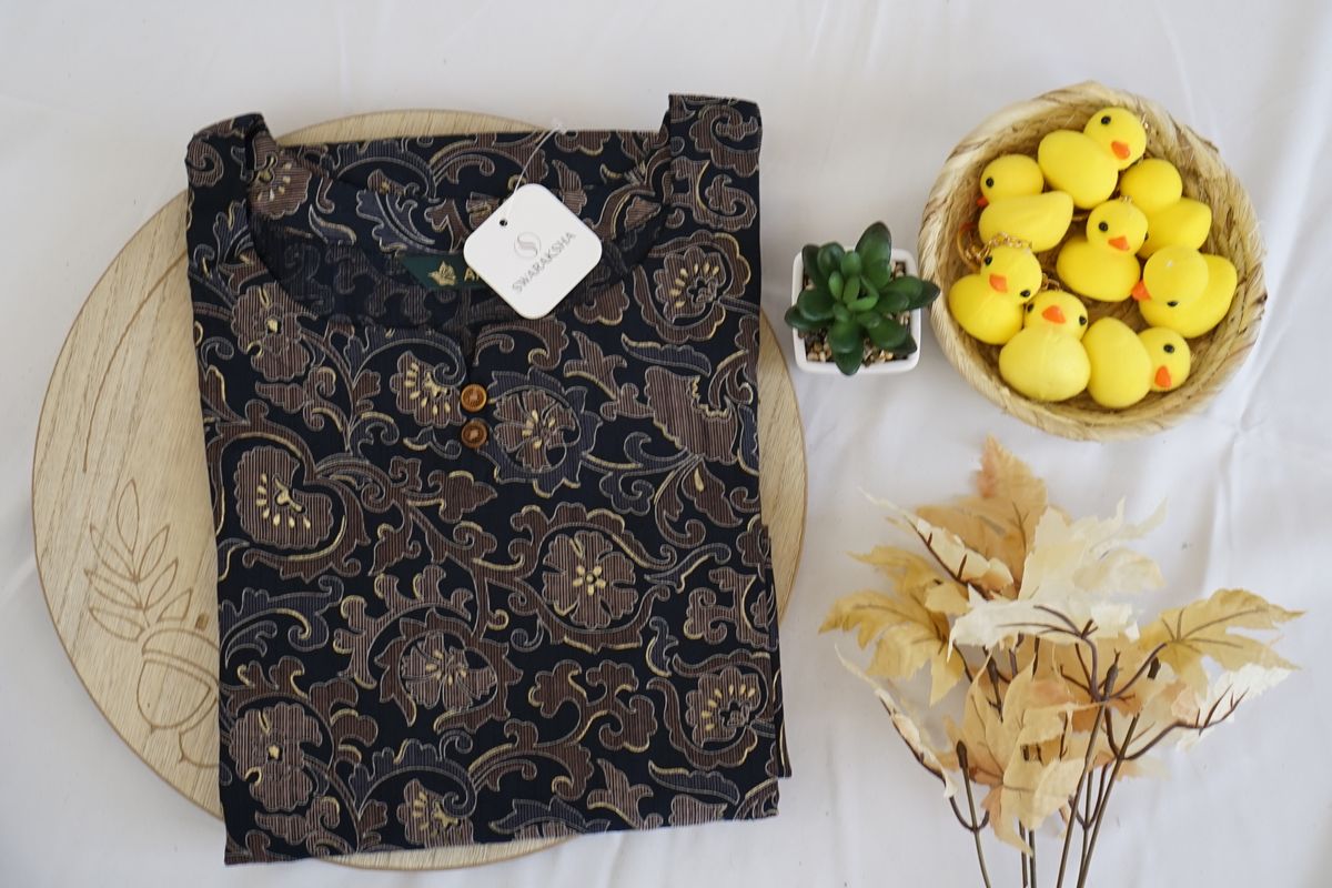 Black & Bronze Floral Printed Rayon Kurta