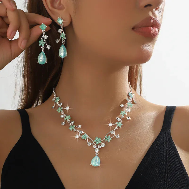 Mint Green Floral Crystal Drop Necklace Set
