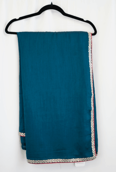 Teal Blue Satin Silk Saree with Geometric Zari Border