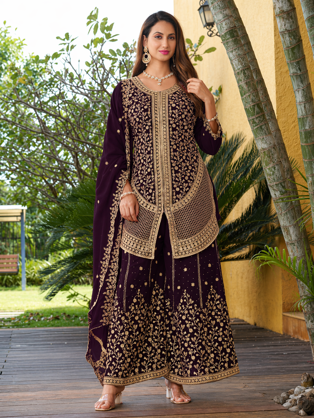 Wine Purple Gold Embroidered Sharara Set