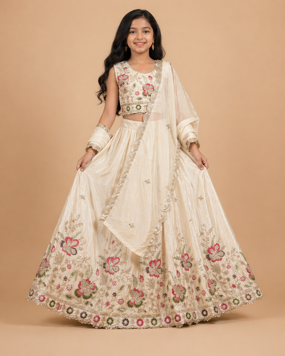 Elegant Cream Floral Embroidered Kids Lehenga Choli Set with Dupatta