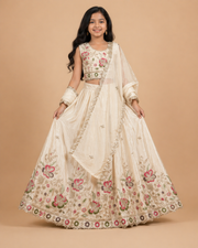 Elegant Cream Floral Embroidered Kids Lehenga Choli Set with Dupatta