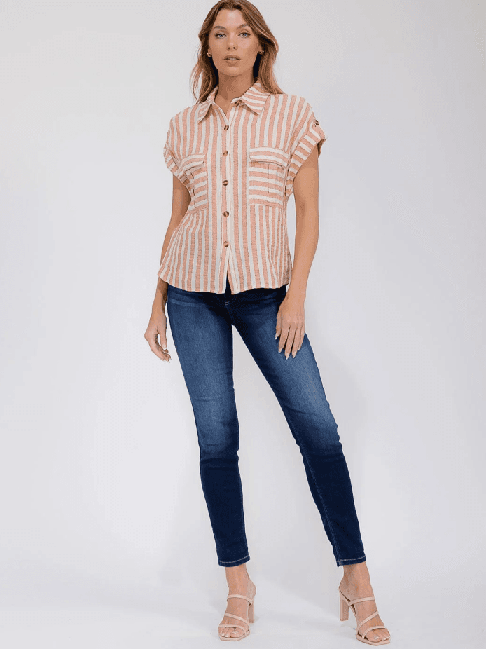 Peach & Cream Striped Button-Up Short Sleeve Blou