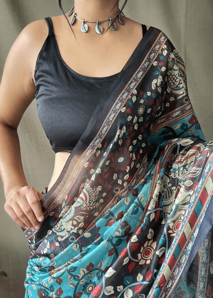 Teal & Maroon Kalamkari Printed Saree with Artistic Border