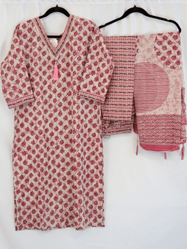 Dusty Rose Handblock Printed Cotton Kurta Set with Tassel Detailing