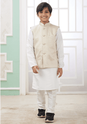 Cream Art Banarasi Silk Printed Readymade Kids Kurta Pajama