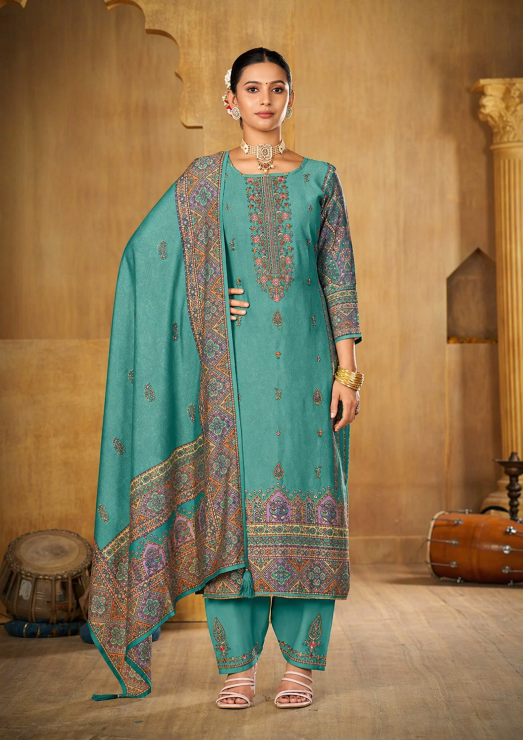 Teal Green Printed Kurti Pant Set with Dupatta