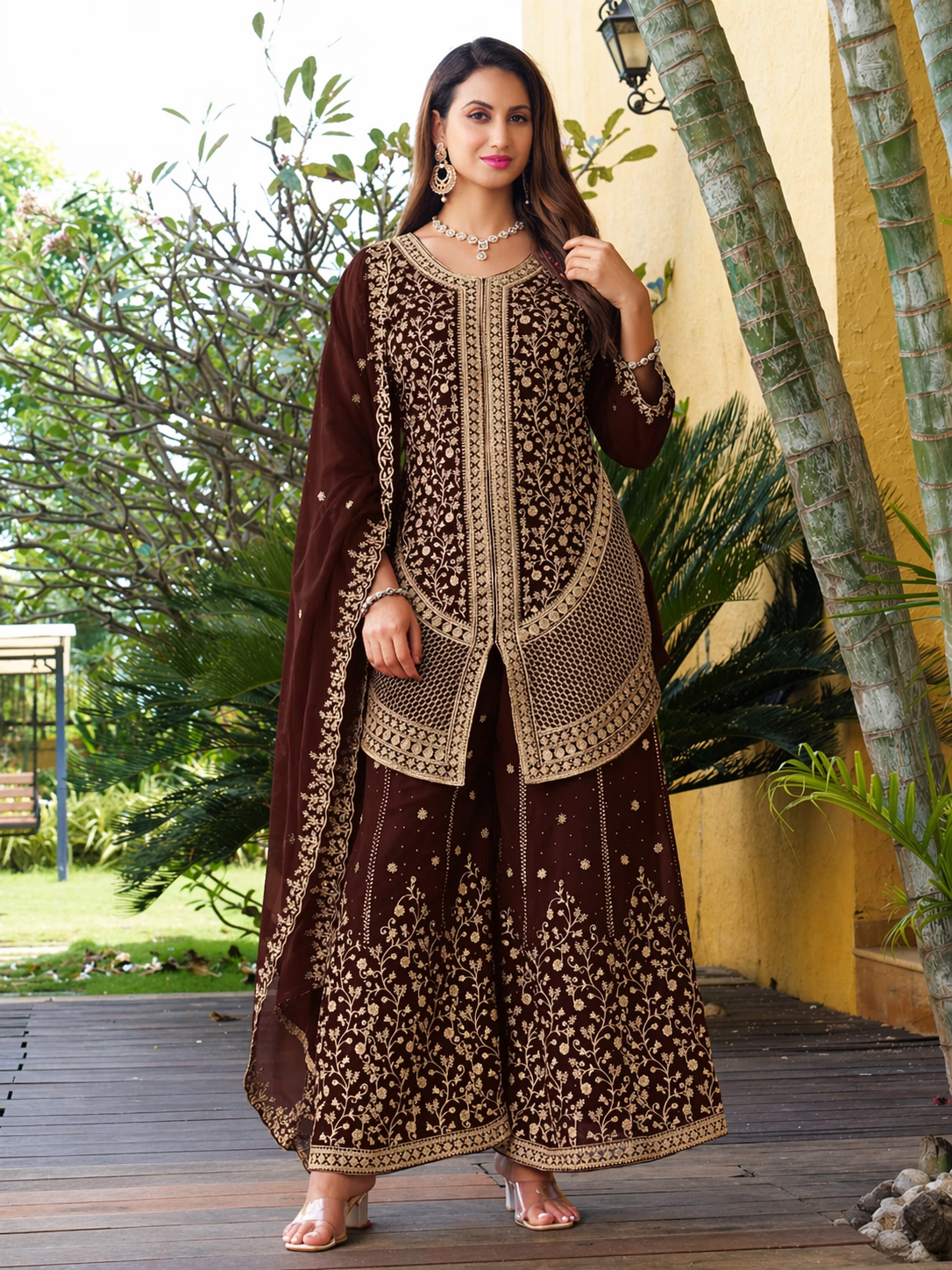 Maroon Gold Embroidered Sharara Set