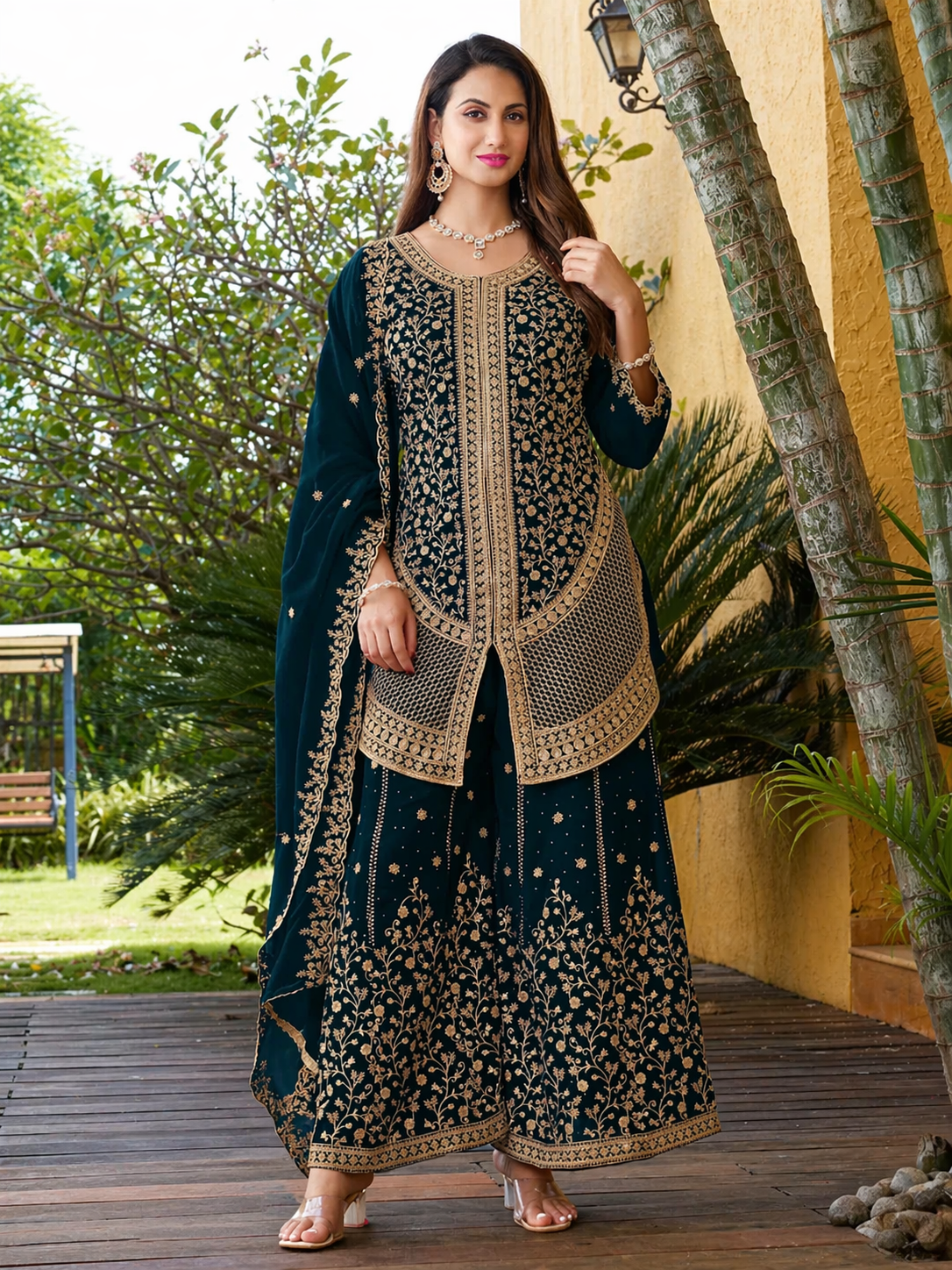 Dark Green Heavy Embroidered Sharara Set with Jacket