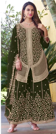 Dark Green Heavy Embroidered Sharara Set with Jacket