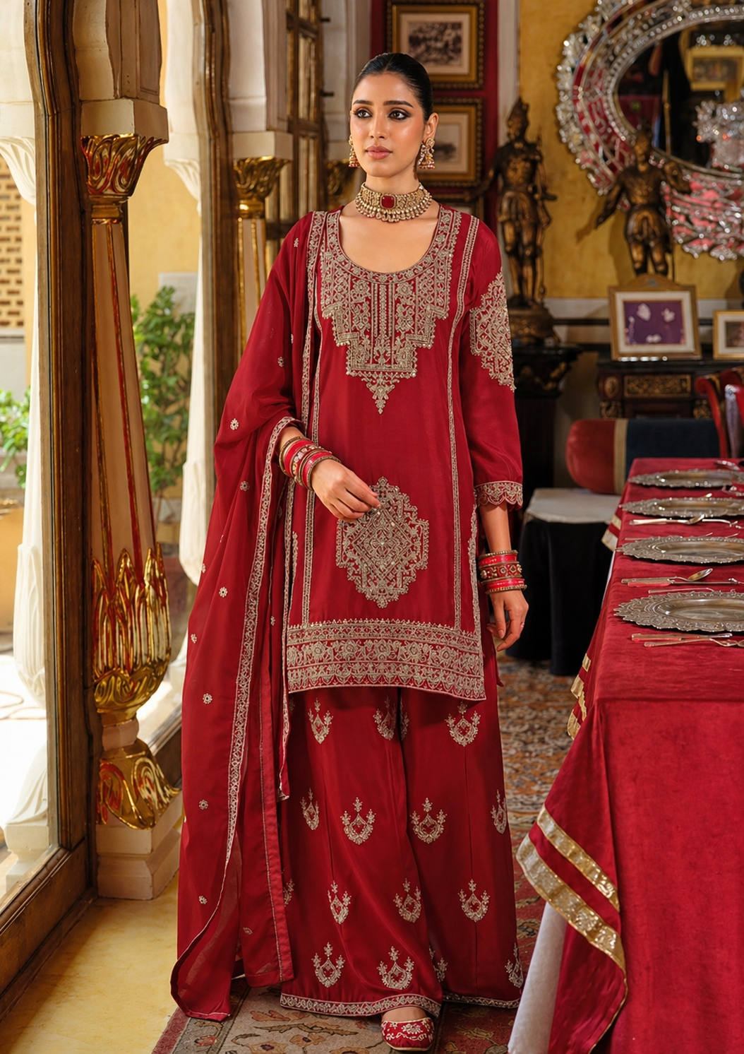 Eba Ava Red Silk Embroidered Sharara Set