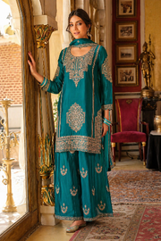 Eba Ava Teal Green Silk Embroidered Sharara Set